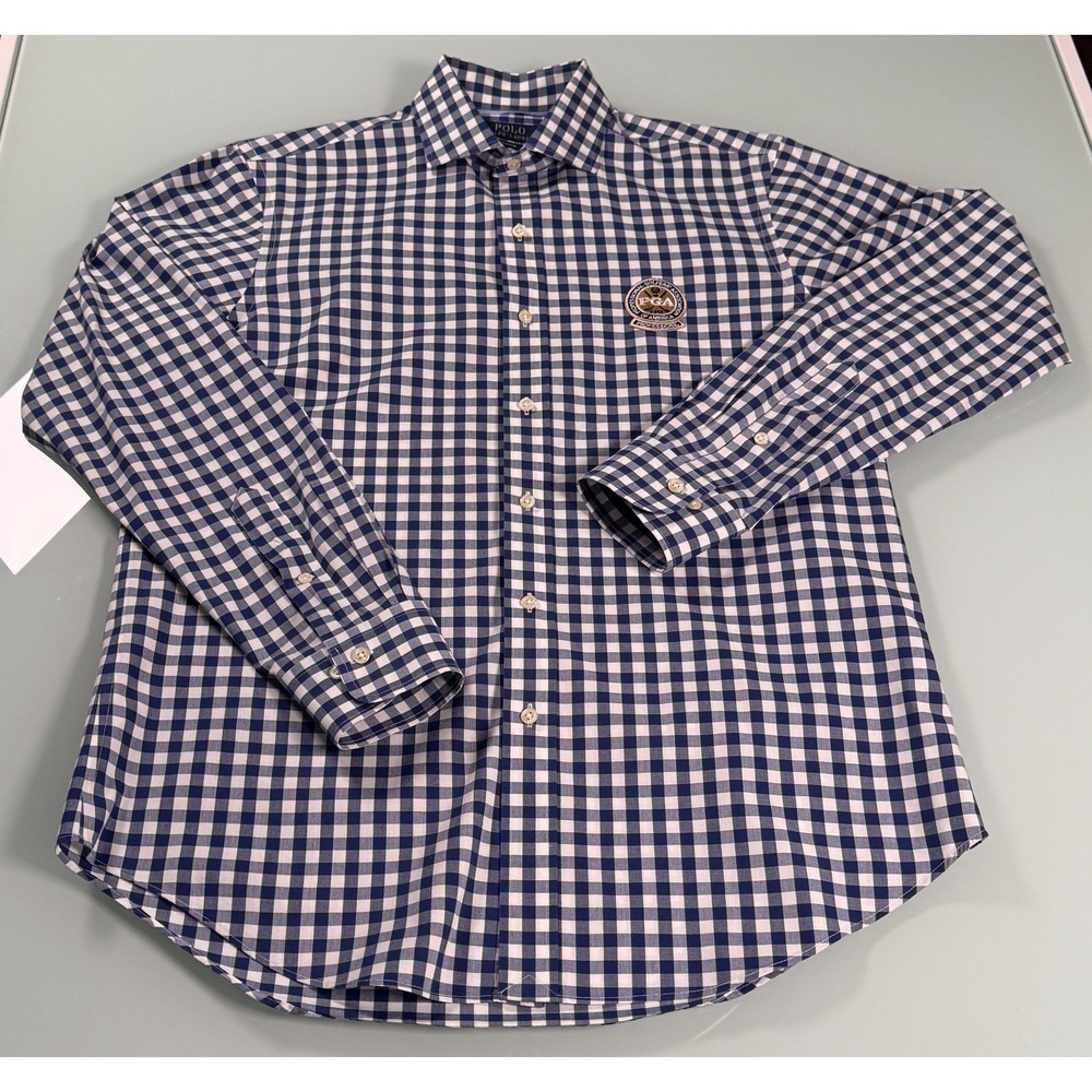 Polo Ralph Lauren Shirt Men's M Blue Plaid PGA Logo Cotton Button Up DadCore